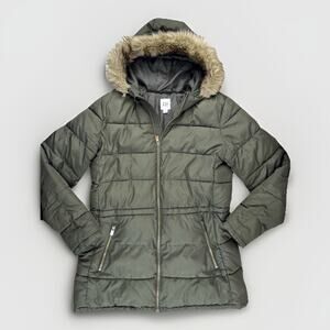 GAP Olive Green Quilted Puffer Coat with Faux Fur Hood
